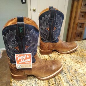 Tony Lama Men's Socorro Blue 3R1128 Sierra Tan Cowboy Leather Boot Sz 8.5 EE NWT